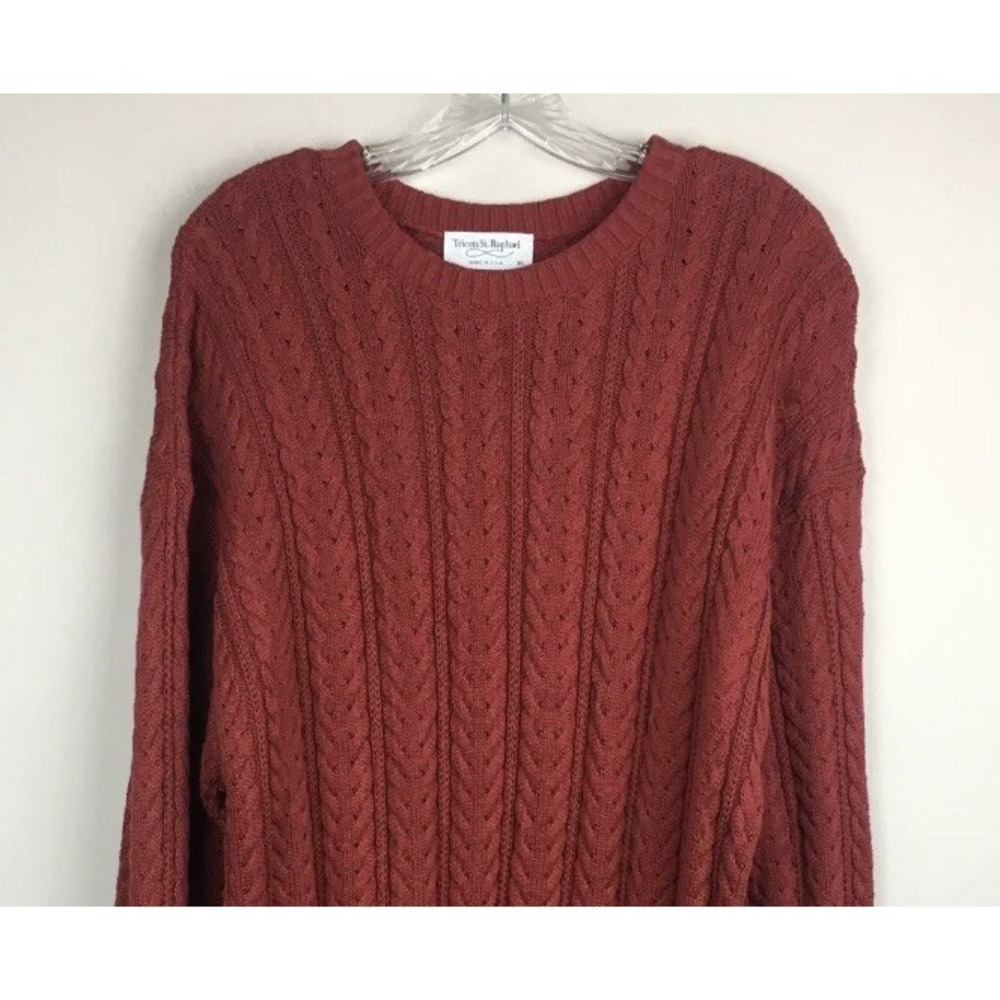 Tricots St. Raphael Grandpa Sweater Red Cable Knit Cotton Fisherman Sz XL Vtg